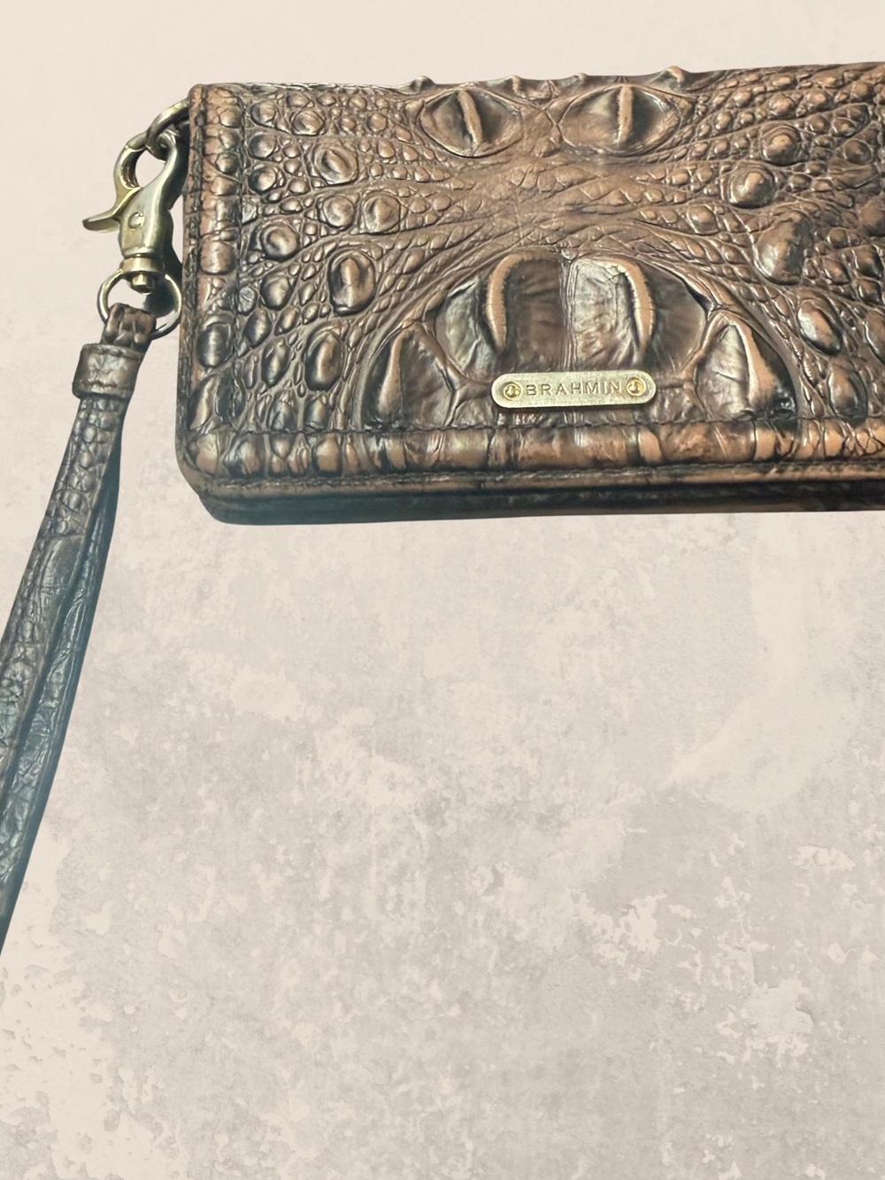 Brahmin Metallic Bronze Croc-Embossed Wristlet